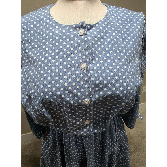 Vintage Blue Polka Dot Dress With Puff Sleeves Bow Accents & Button Front Size 1 - Picture 2 of 9
